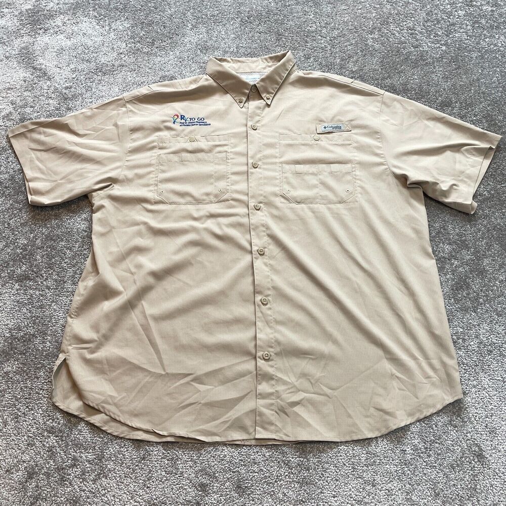 Columbia PFG Button Up Shirt Mens 2XL Beige Short Sleeve Omni Shade Outdoor Logo